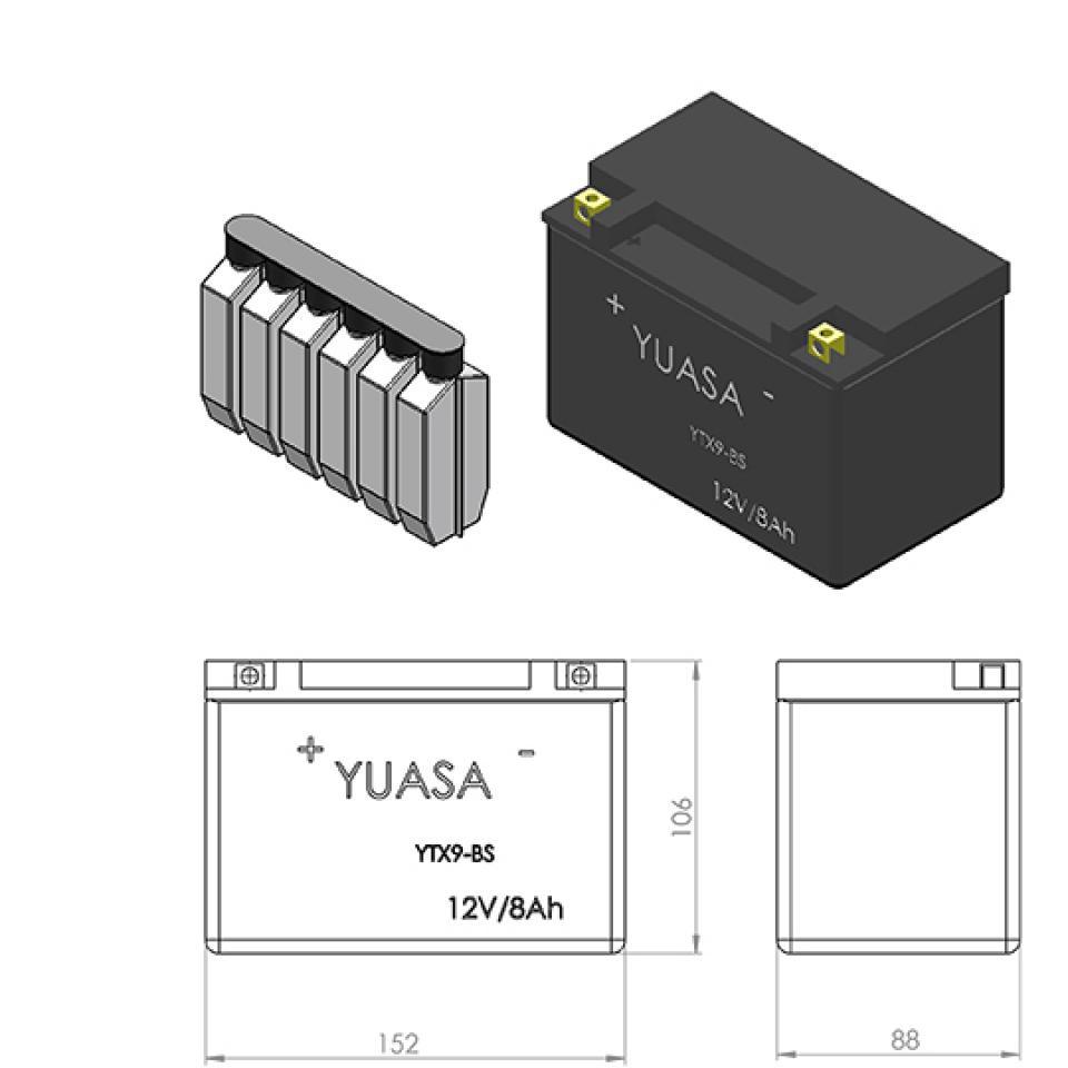 Batterie Yuasa pour Scooter Chinois 125 Gy6 4T 2006 à 2020 YTX9-BS / 12V 8Ah Neuf
