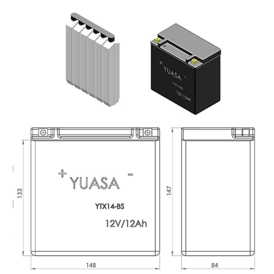 Batterie Yuasa pour Moto Hyosung 650 Gv Aquila 2004 à 2012 YTX14-BS / 12V 12Ah Neuf