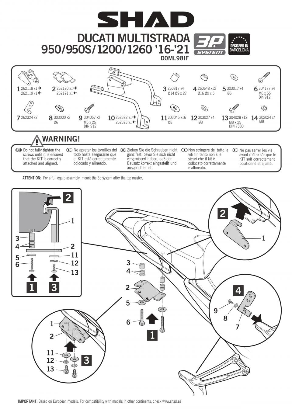 Support valise latérale 3P System Shad pour moto Ducati 950 Multistrada D0ML98IF