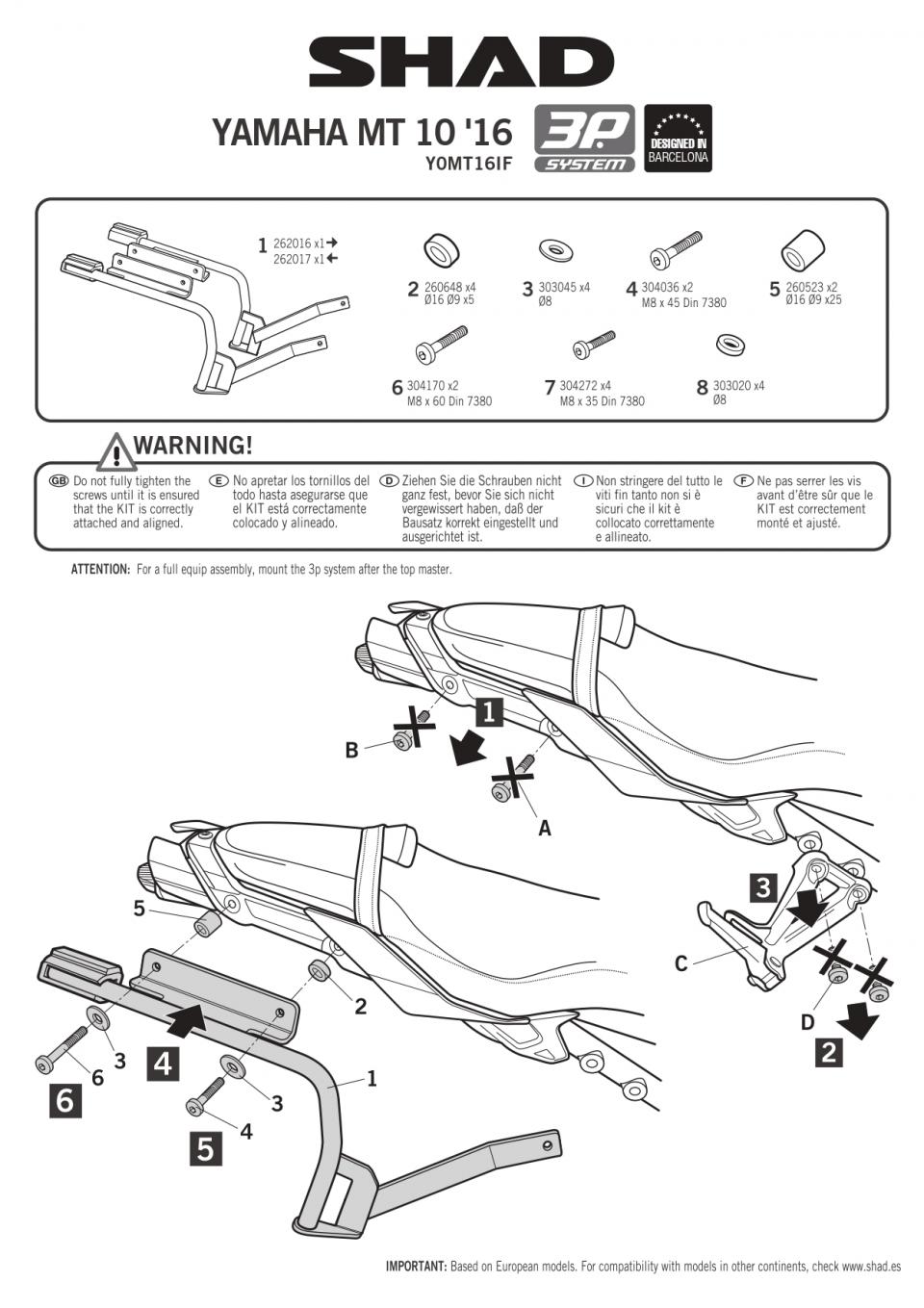 Support valise latérale Shad pour moto Yamaha 1000 MT-10 Y0MT16IF 3P SYSTEM Neuf