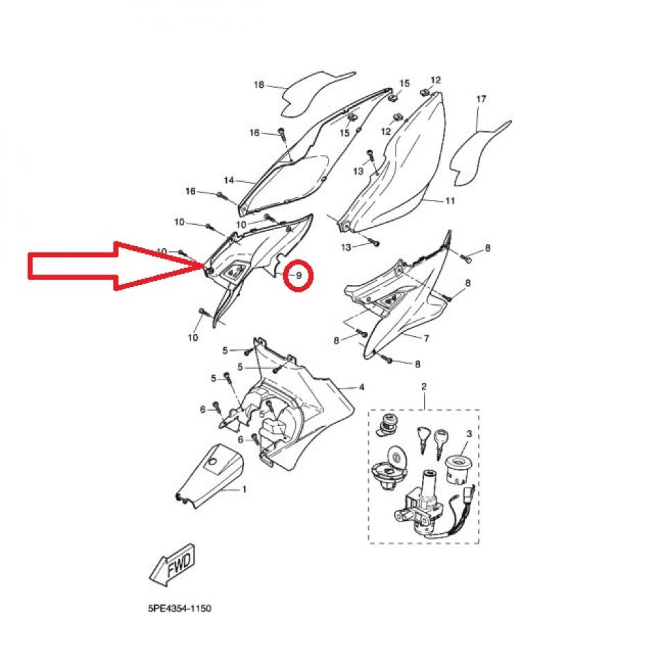 Cache latéral droit avec 3 trous pour scooter MBK 50 Nitro 1997-02 5BR-F172 Noir