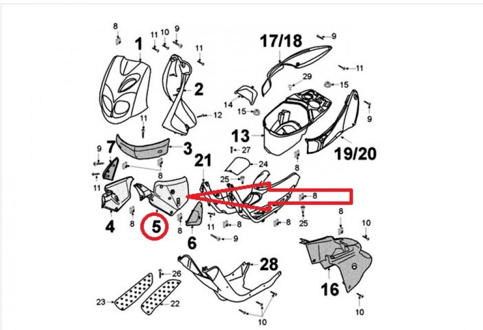 Cache latéral inf D pour scooter Peugeot 50 Trekker Rouge 748277RT 1174827700
