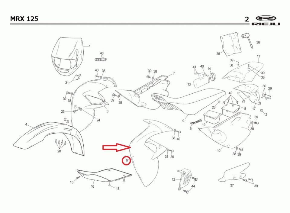 Écope gauche Rieju pour moto Rieju 125 MRX 2002 0/000.570.5009 Neuf