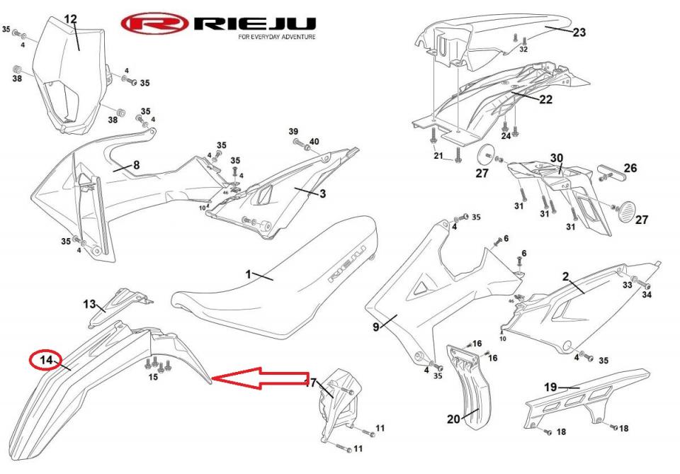Garde boue AV rouge pour moto Rieju 50 MRT 2021-22 0/R00.050.5054 050.5180 Neuf