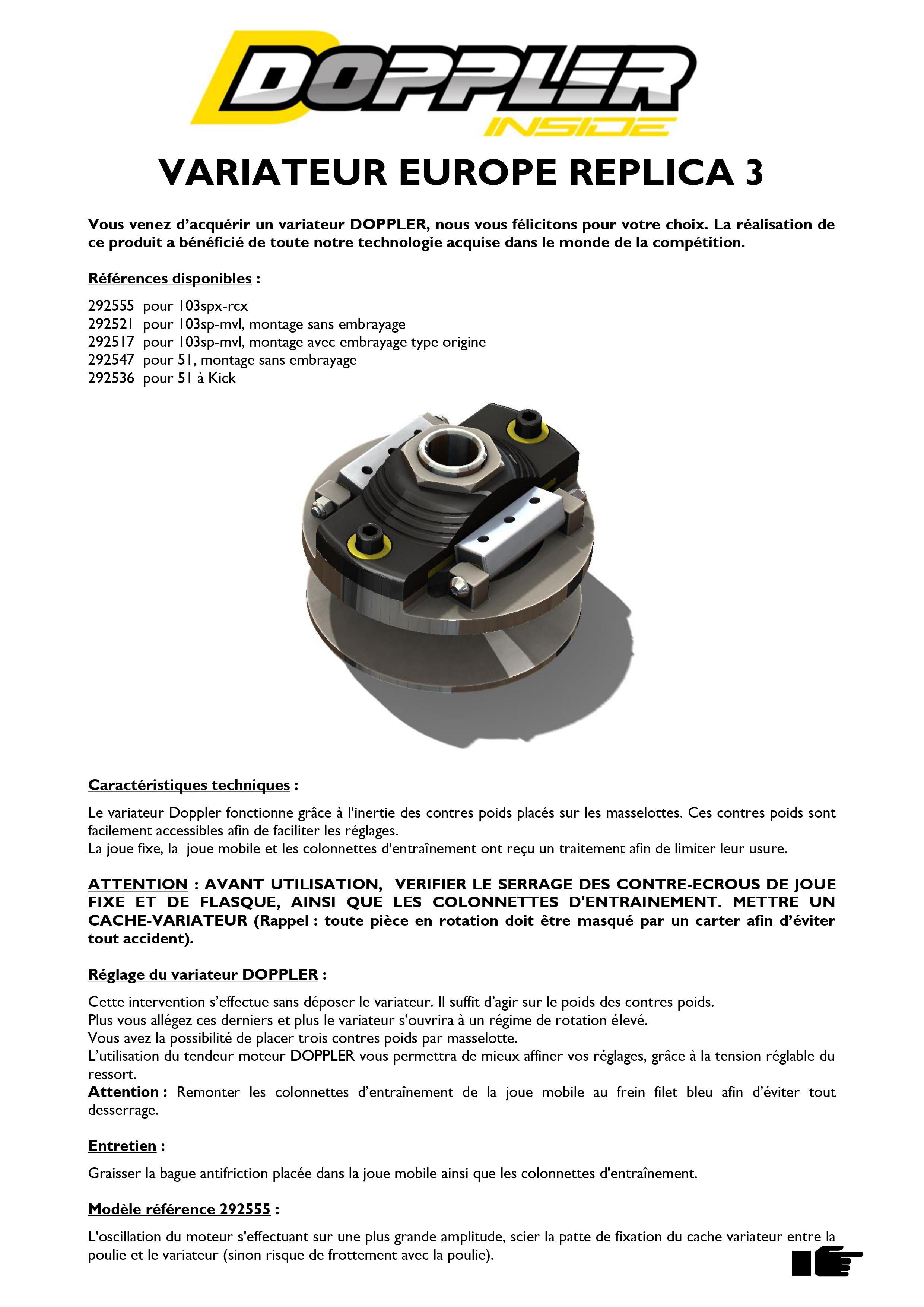 Kit Variateur Doppler ER3 pour mobylette Peugeot 103 MVL Ø104mm Neuf