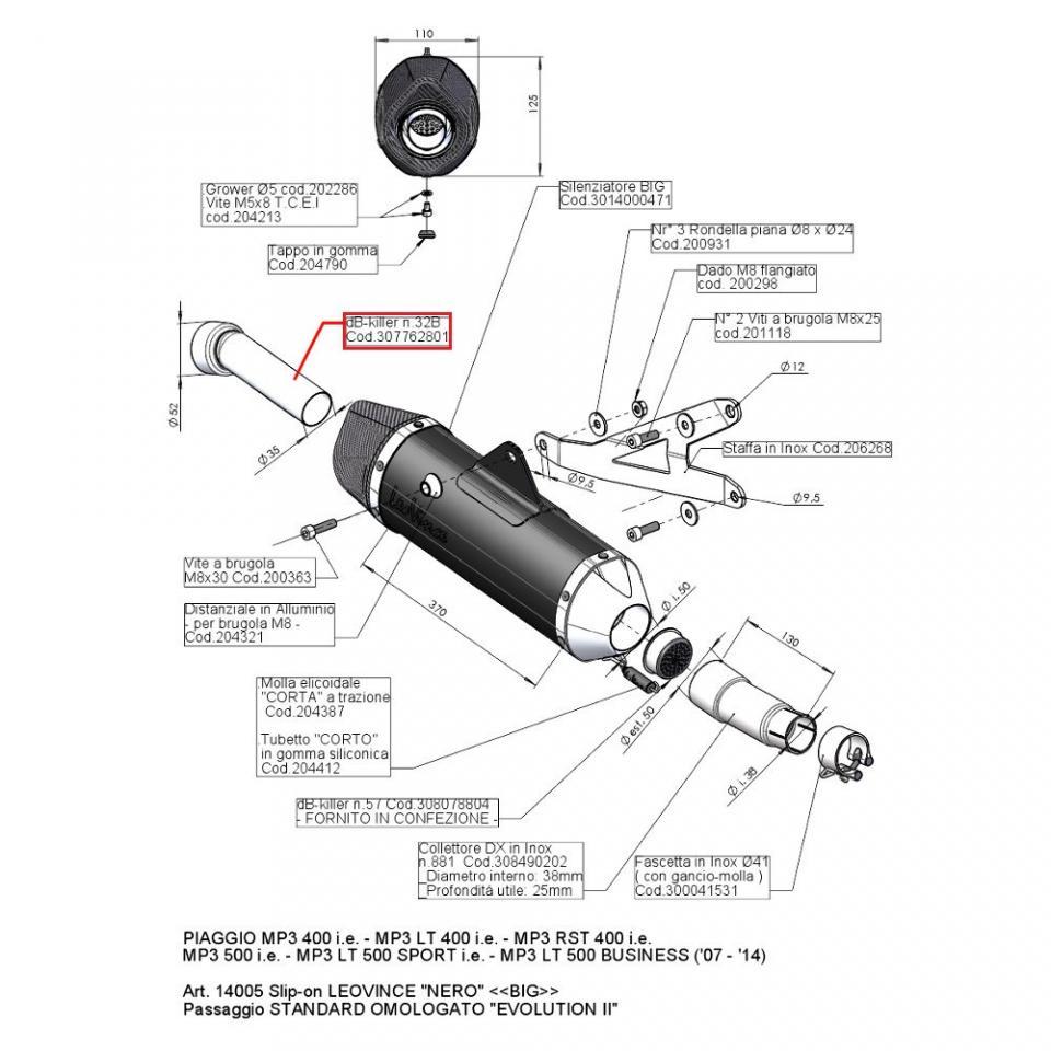 DB Killer pour Leovince Nero 14005 pour scooter Piaggio 400 MP3 2007 à 2012 Neuf