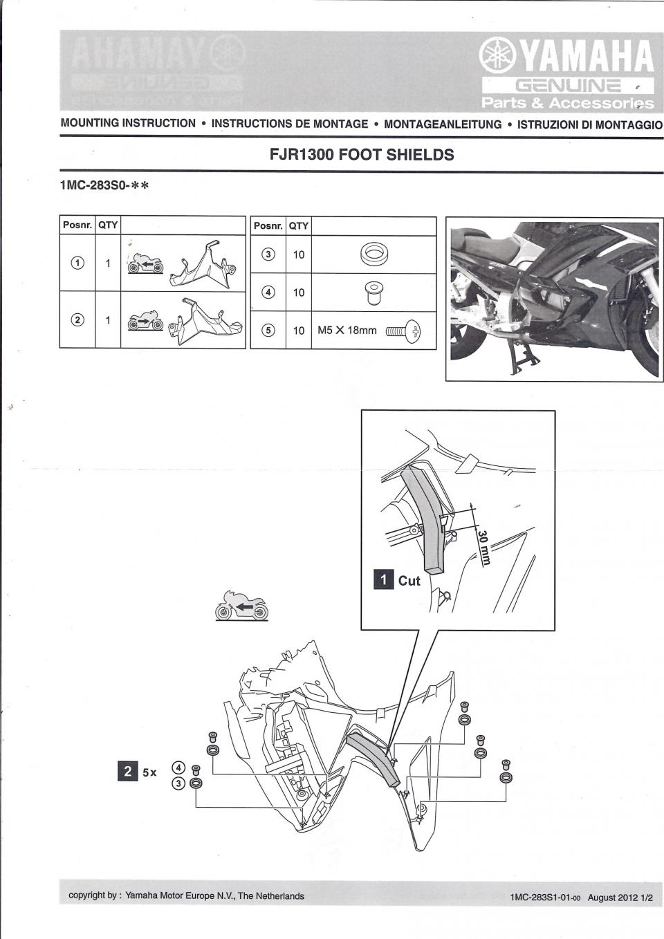 Paire déflecteur de pieds noir pour moto Yamaha 1300 FJR 2014-2020 1MC-283S0-11