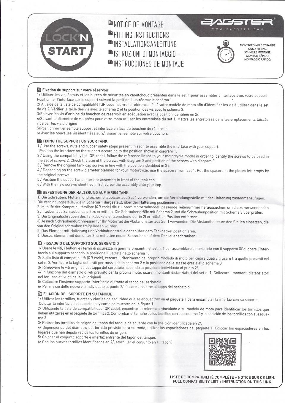 Support de fixation sacoche XAC740 LOCK'N START déporté Bagster pour moto BMW