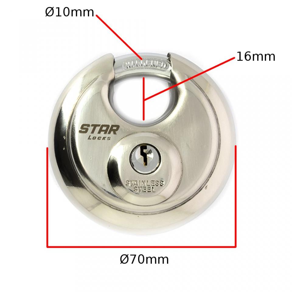 Cadenas antivol à clé rond Star Locks Ø70mm anse Ø10mm verrouillage Ø16mm maxi