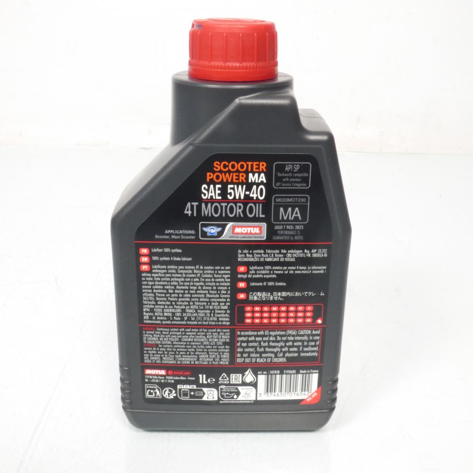 Bidon huile lubrifiant Motul Scooter Power 4T 5W40 1L pour scooter JASO MA Neuf