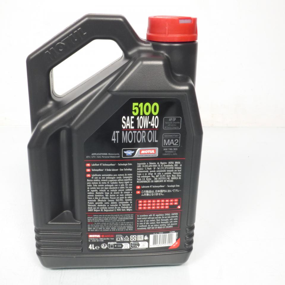 Bidon d'huile MOTUL 5100 10W40 MA2 Technosynthése pour moteur 4T en 4L Neuf