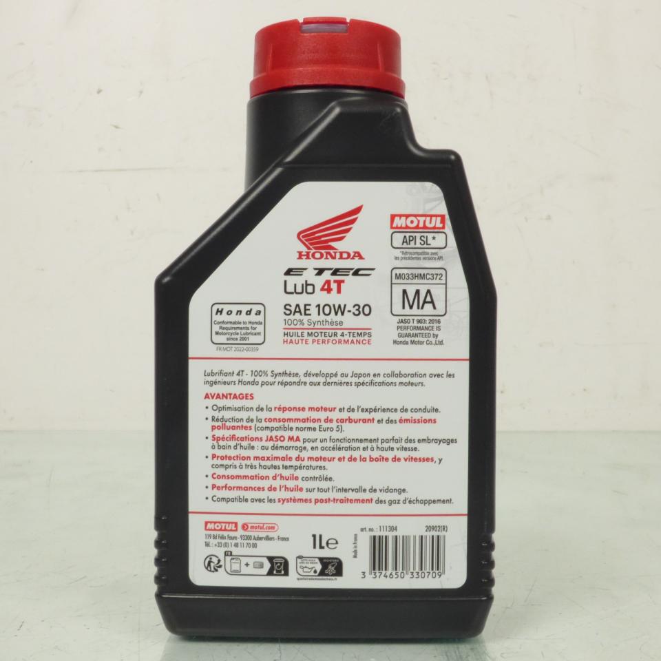 Bidon d'huile Motul E TEC Lub 4T 10W30 100% Synthèse 1L pour moto Honda Neuf