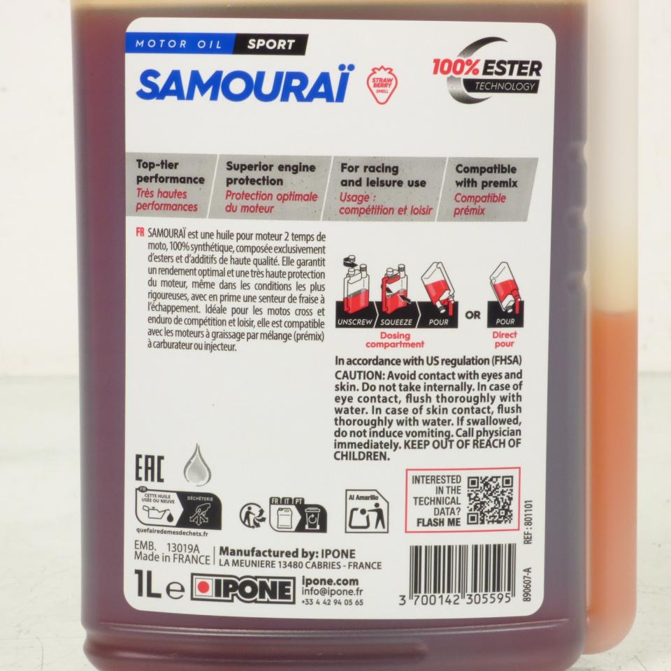 Huile 2T Ipone Samouraï fraise bidon doseur 1L pour moto cross mélange manuel