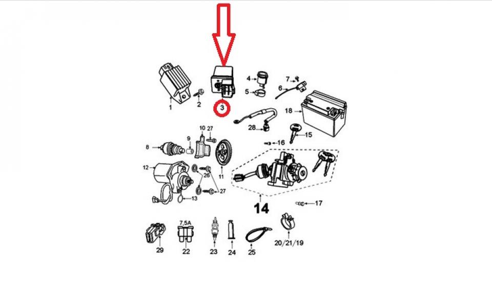 Relais de démarreur origine pour Scooter Peugeot 50 Kisbee 2011 à 2017 JQ103B-1 / 772593 Neuf en destockage