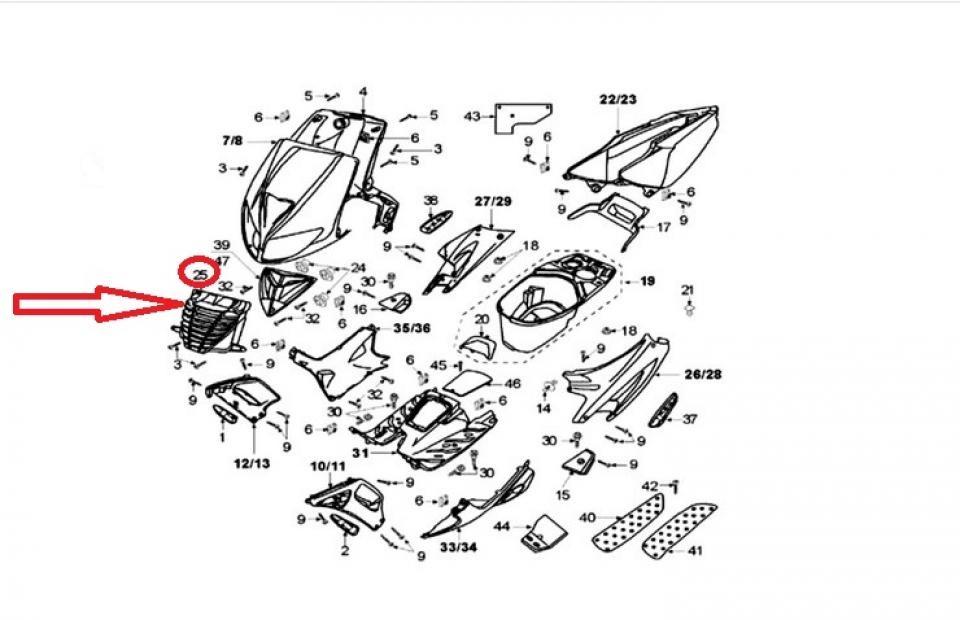 Prise d'air tablier AV rouge pour scooter Peugeot 50 Speedfight 734272RT Neuf