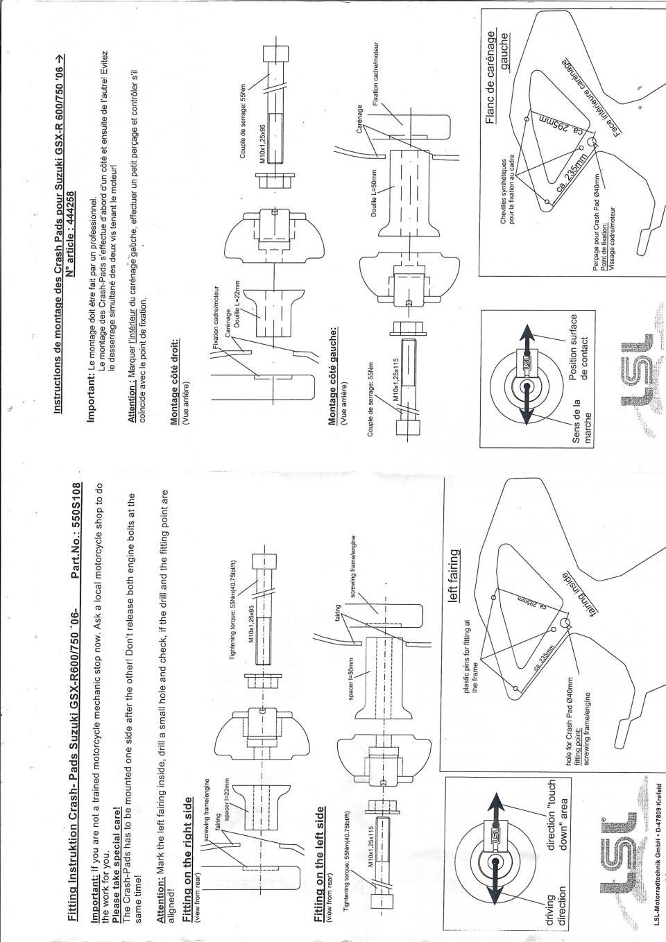 Kit Support tampon pare carter LSL pour moto Suzuki 600 GSXR P032139 550S108