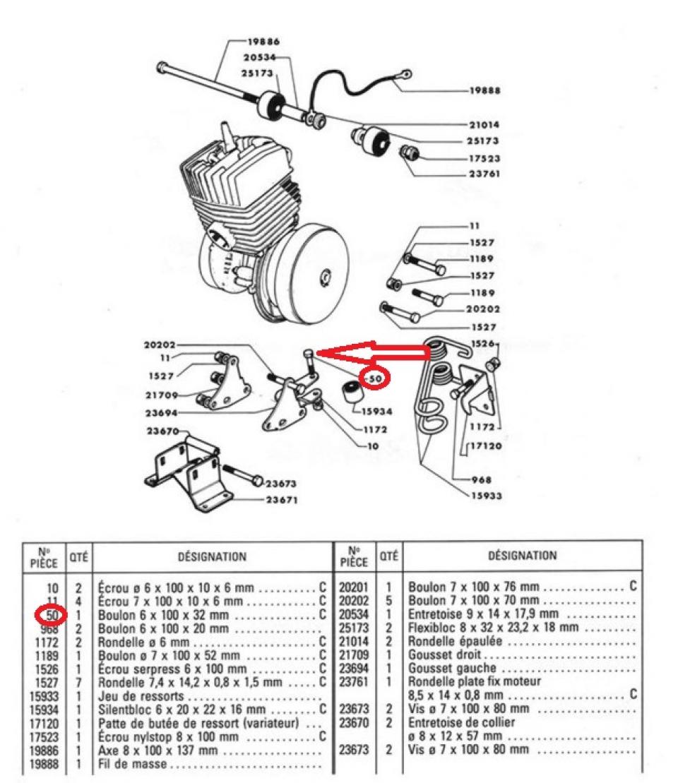 Vis M6x100 L35mm ressort poussé moteur pour mobylette MBK 51 NC7-57991
