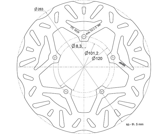 Disque frein AV Polini pour scooter Peugeot 600 Satelis 175.0039 Ø263mm Ep 5.1mm