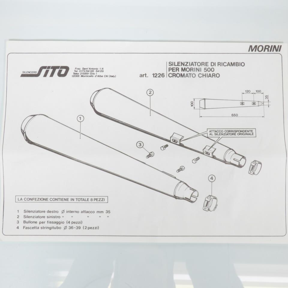 Paire de silencieux d'échappement chromé SITO pour moto Morini 500cm3 1226 Neuf