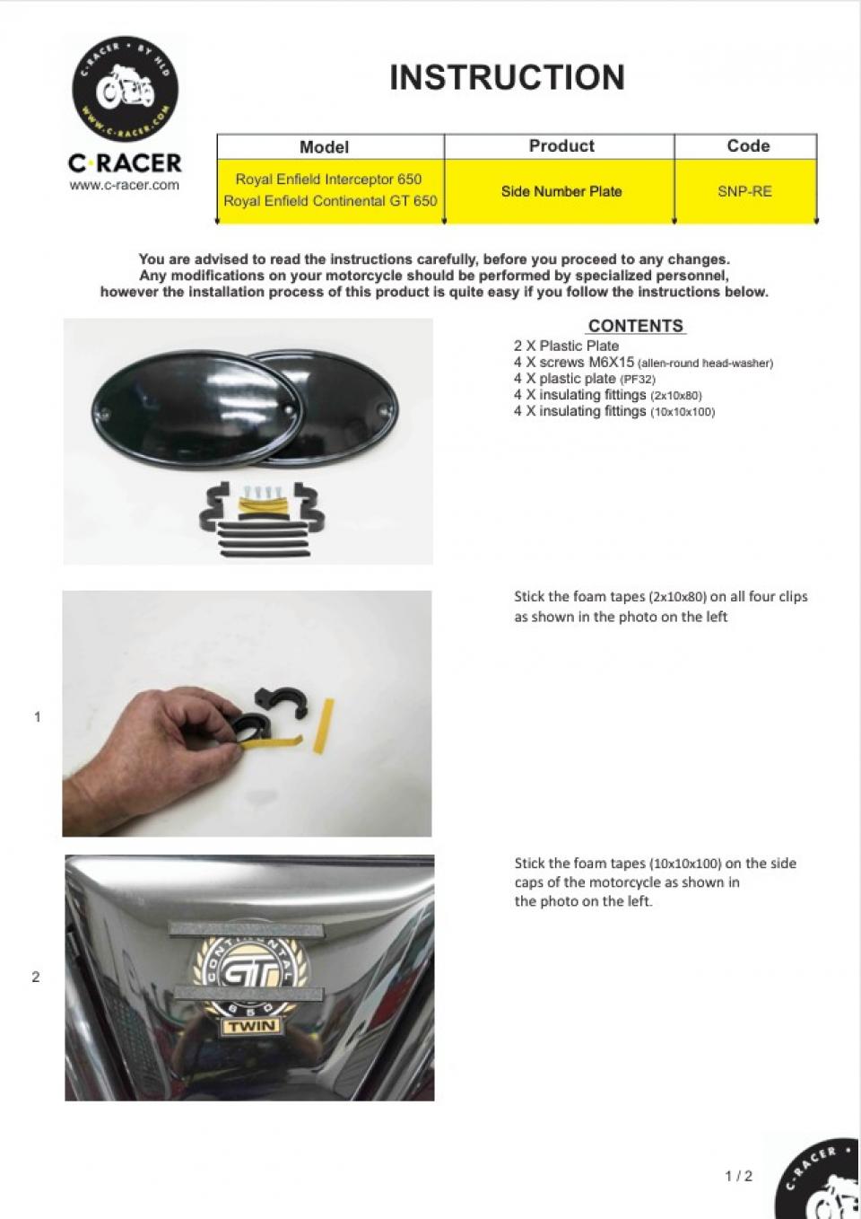 Cache plaques numéro latérale C. Racer pour moto ROYAL ENFIELD 650 Interceptor