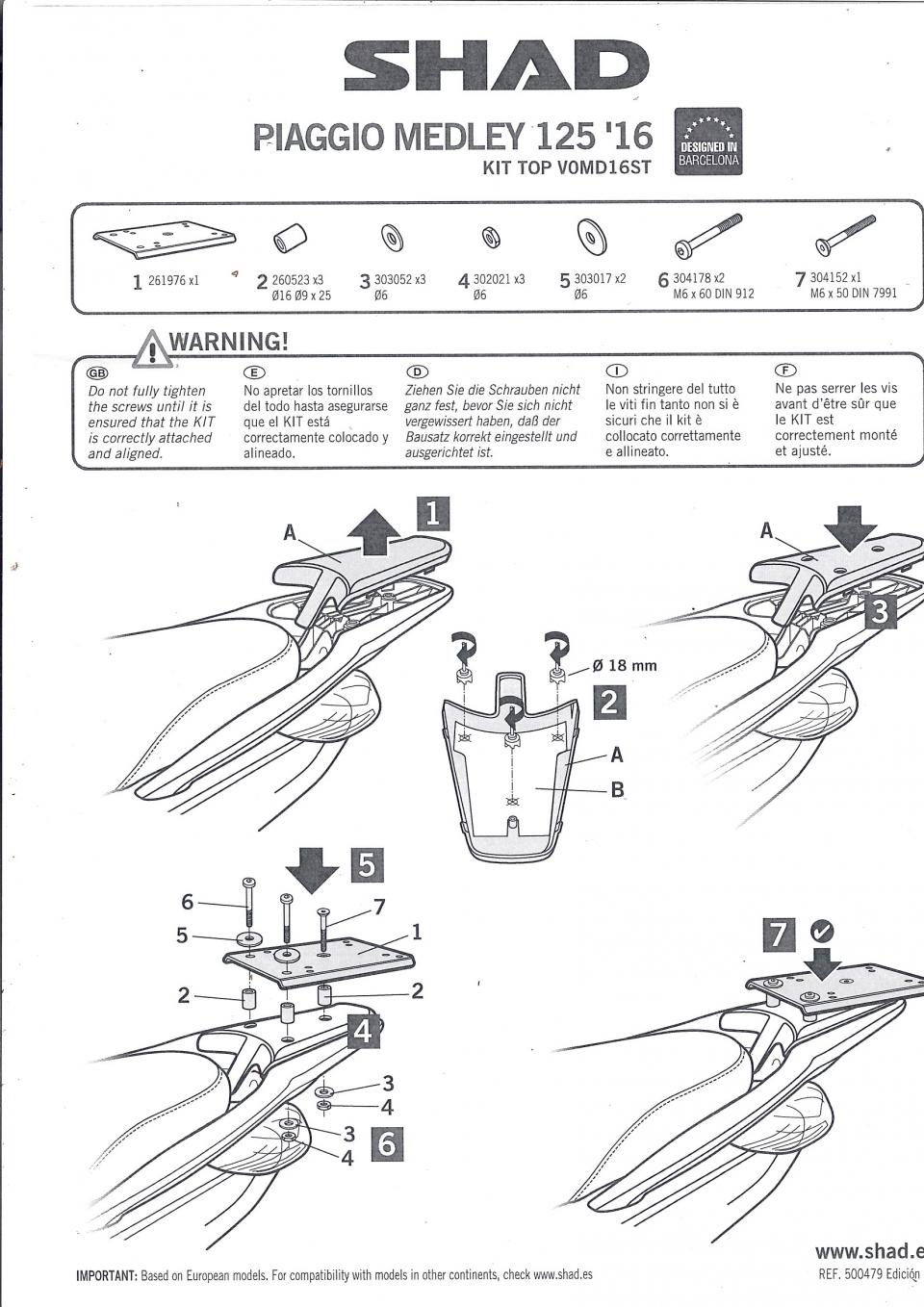 Kit TOP MASTER Support de top case Shad pour scooter Piaggio 125 Medley V0MD16ST