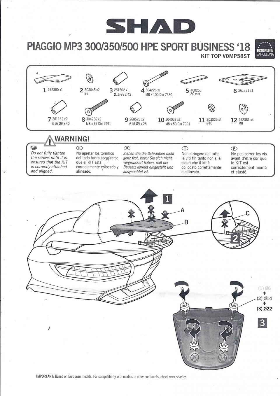 Support de top case Shad pour Scooter Piaggio 500 Mp3 Sport Abs 2018 à 2021 Top Master V0MP58ST Neuf