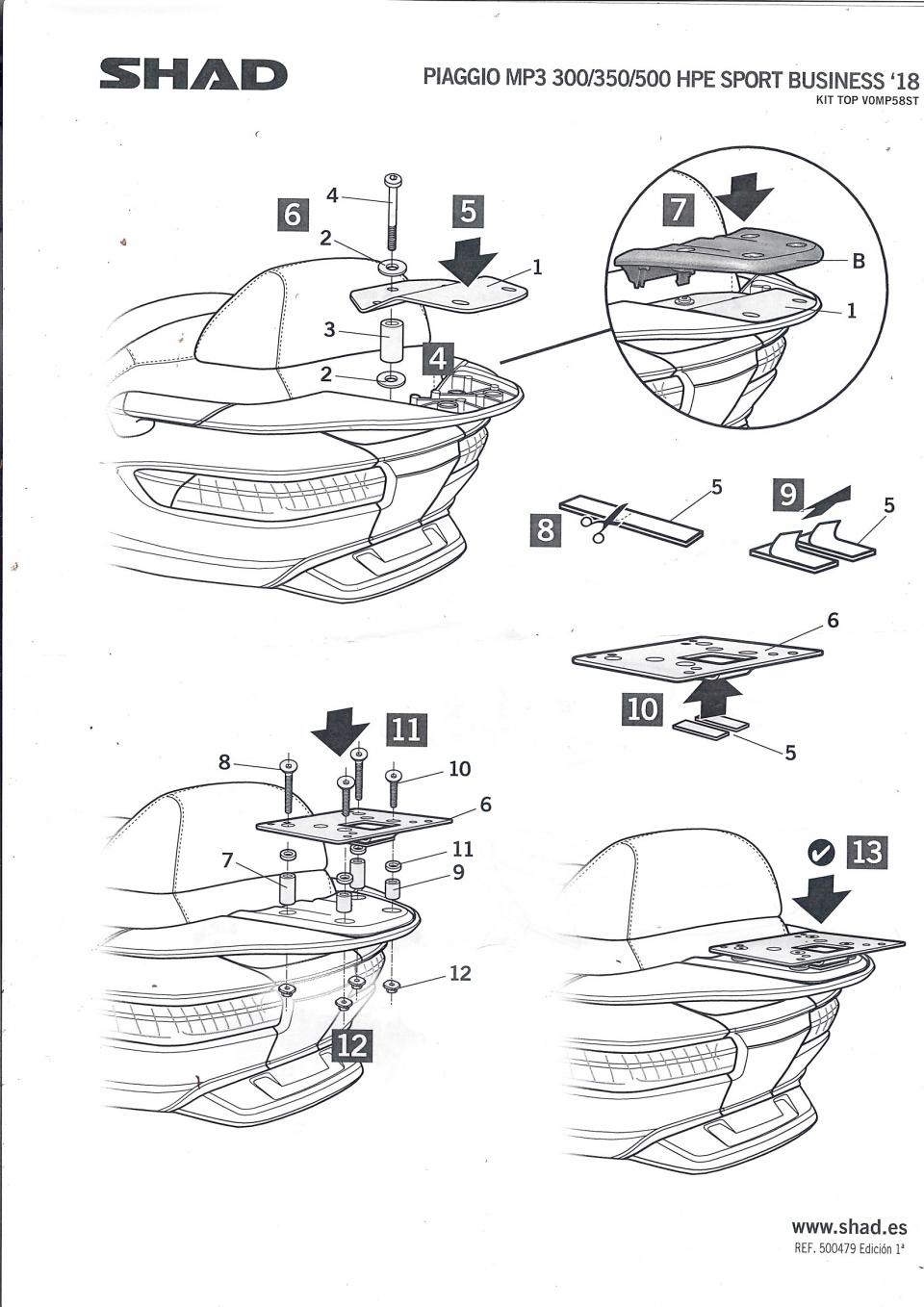 Support de top case Shad pour Scooter Piaggio 500 Mp3 Sport Abs 2018 à 2021 Top Master V0MP58ST Neuf
