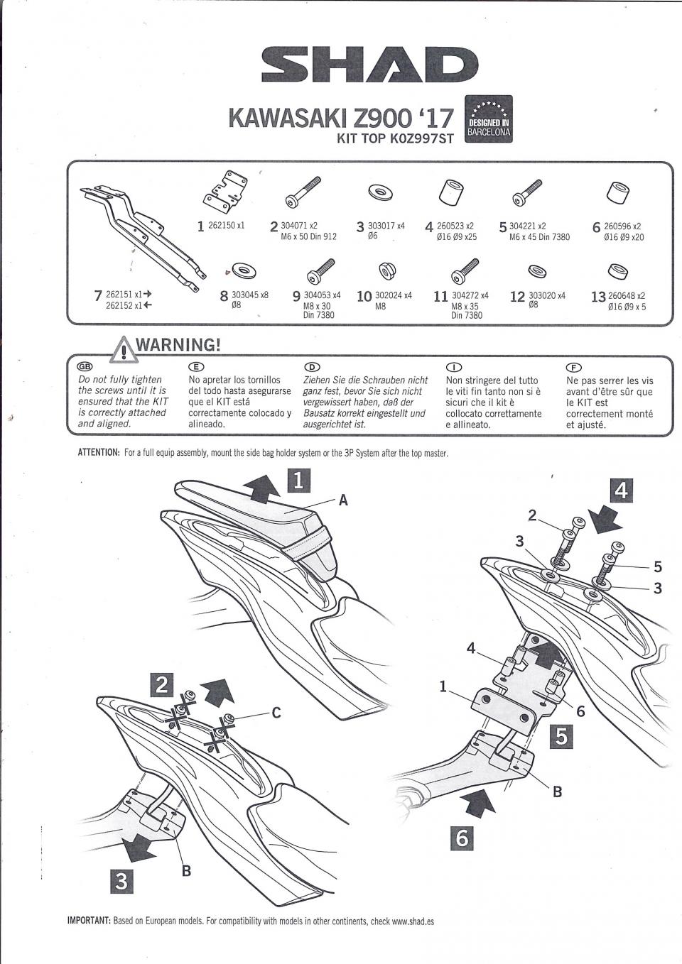 Support de top case Shad pour moto Kawasaki 900 Z 2017 à 2023 K0Z997ST / TOP MASTER / Kit Neuf