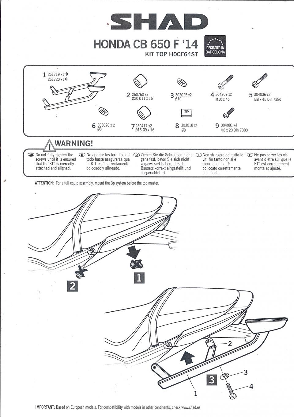 Support de top case Shad pour Moto Honda 650 CBR F 2013 à 2018 Neuf