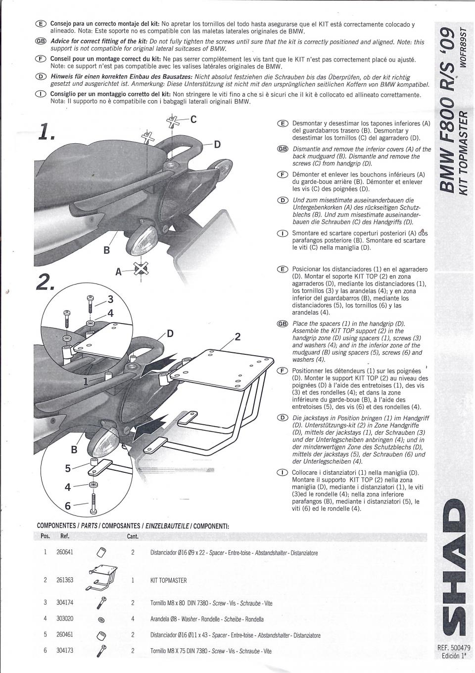 Kit TOP MASTER Support de top case Shad pour moto BMW F 800 R W0FR89ST