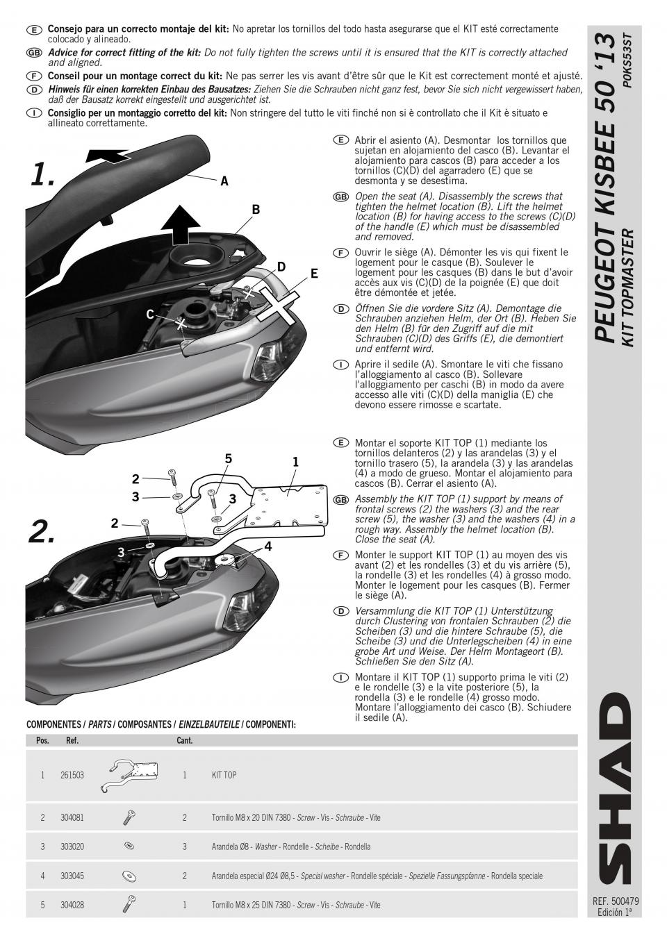 Support de top case Shad pour Scooter Peugeot 50 Kisbee 2T 2013 à 2017 Neuf