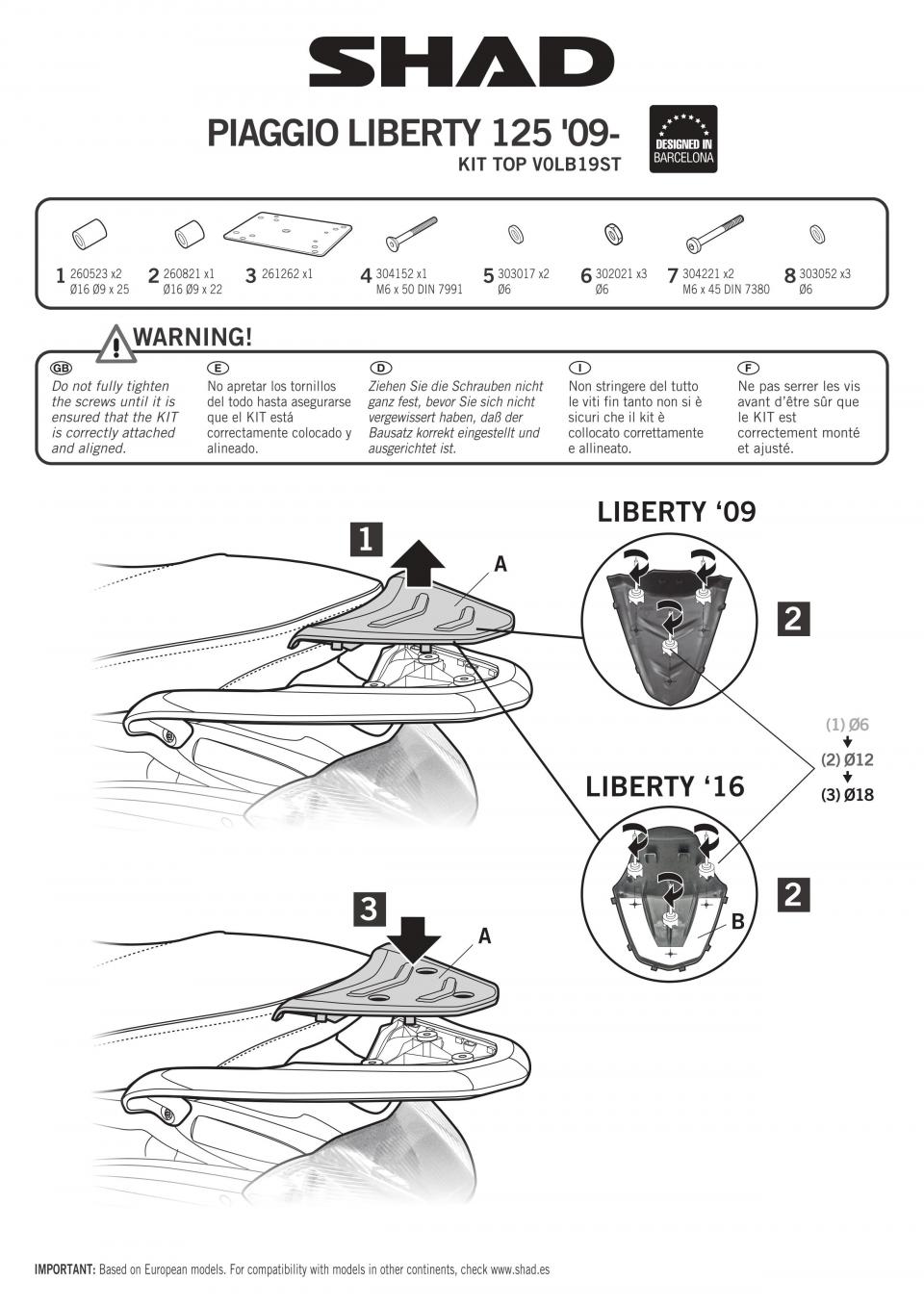 Kit fixation top case Shad pour scooter Piaggio 125 Liberty Après 2005 V0LB19ST