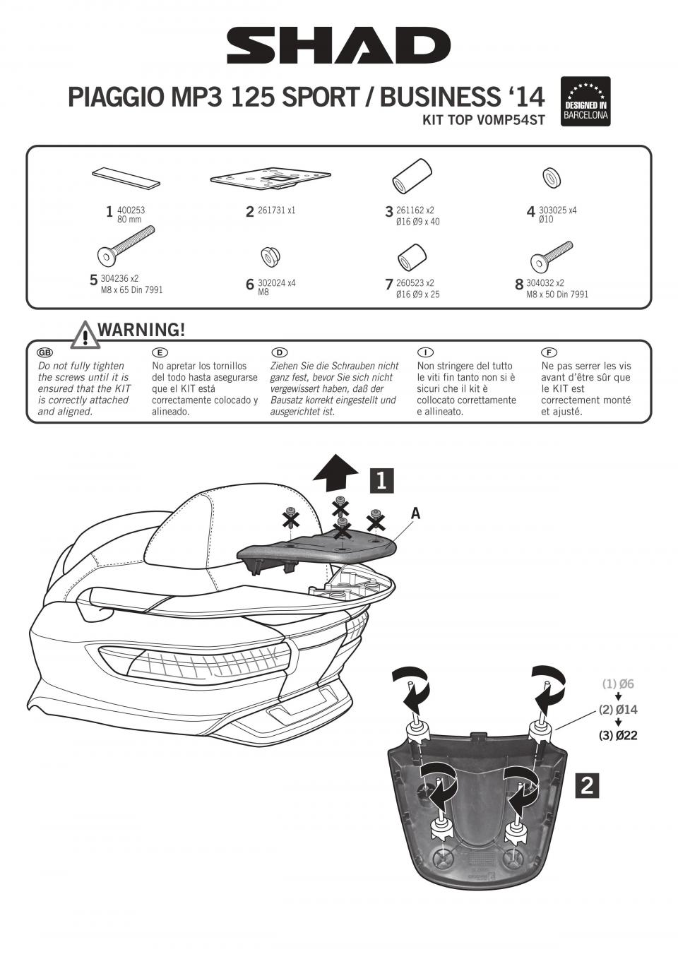 Kit fixation top case Shad pour scooter Piaggio MP3 500 Sport 2014-2017 V0MP54ST