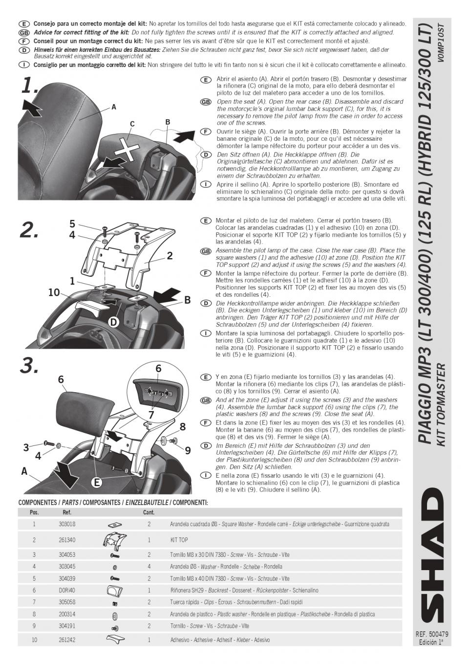 Support de top case Shad TOP MASTER pour scooter Piaggio 125 MP3 V0MP10ST Neuf
