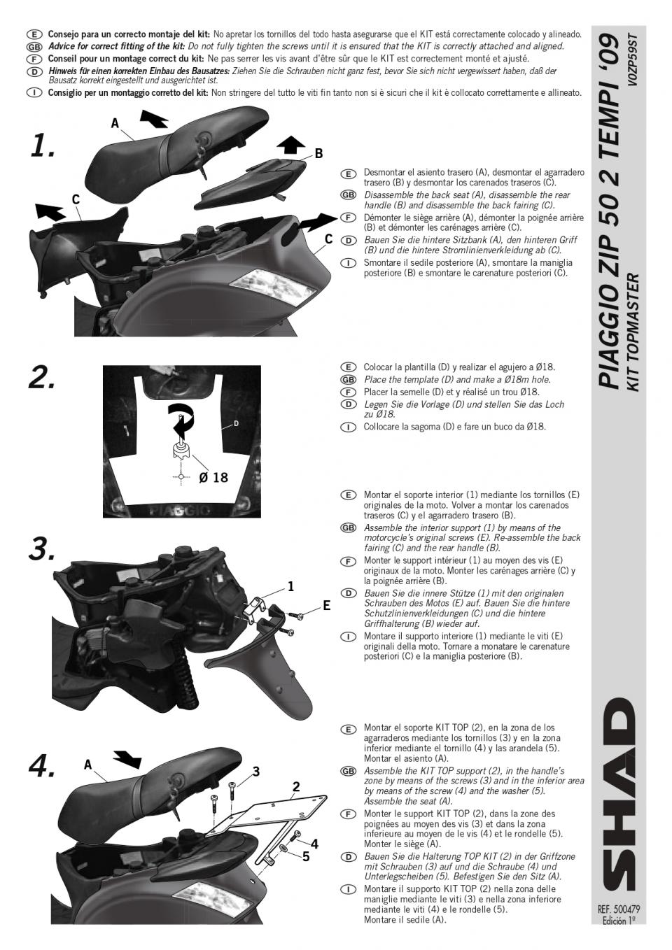 Support de top case Shad pour scooter Piaggio 50 ZIP 2009 à 2014 V0ZP59ST Neuf