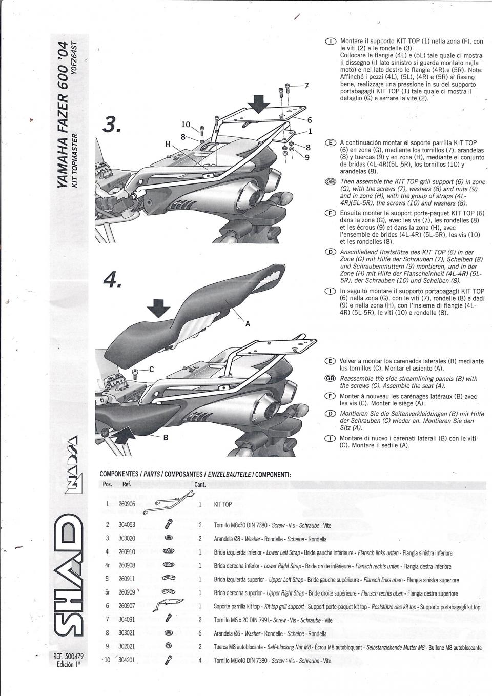 Support de top case Shad pour Moto Yamaha 600 FZ6 fazer 2004 à 2009 Neuf