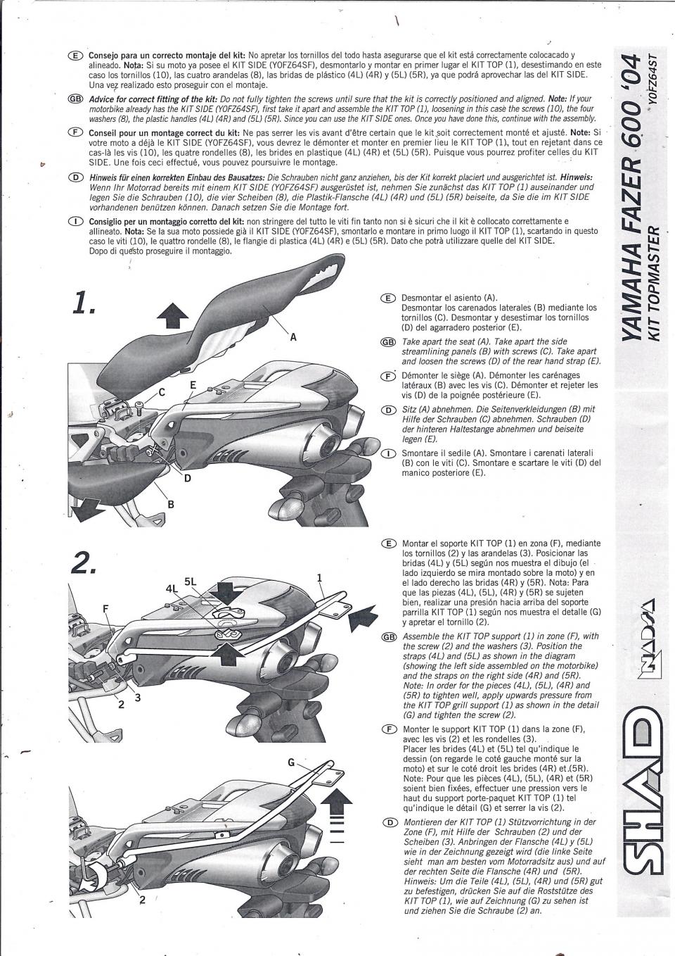 Support de top case Shad pour Moto Yamaha 600 FZ6 fazer 2004 à 2009 Neuf