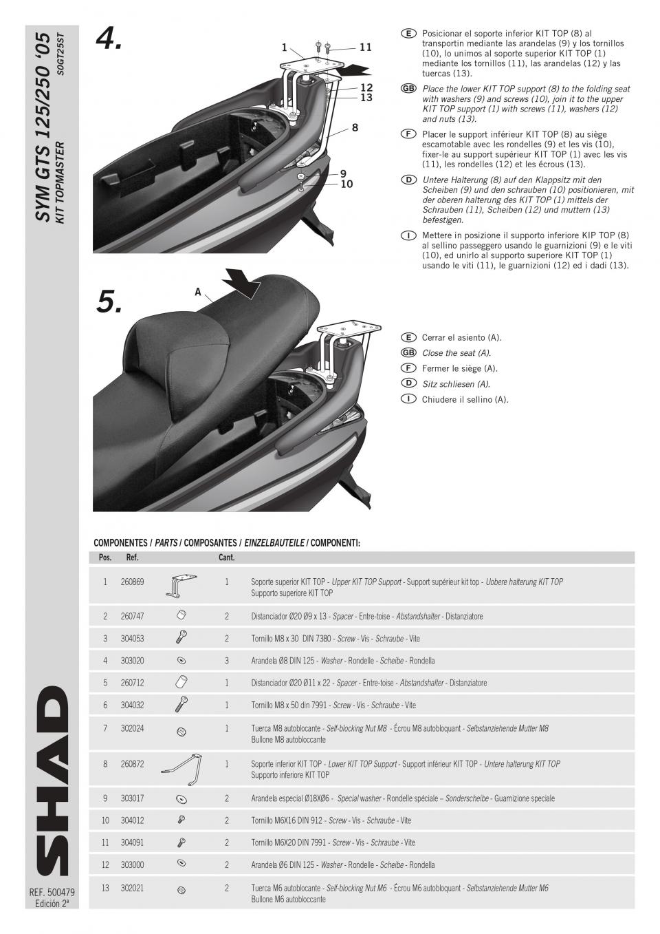 Support de top case Shad pour Scooter Sym 250 GTS 2005 à 2017 S0GT25ST / TOP MASTER Neuf