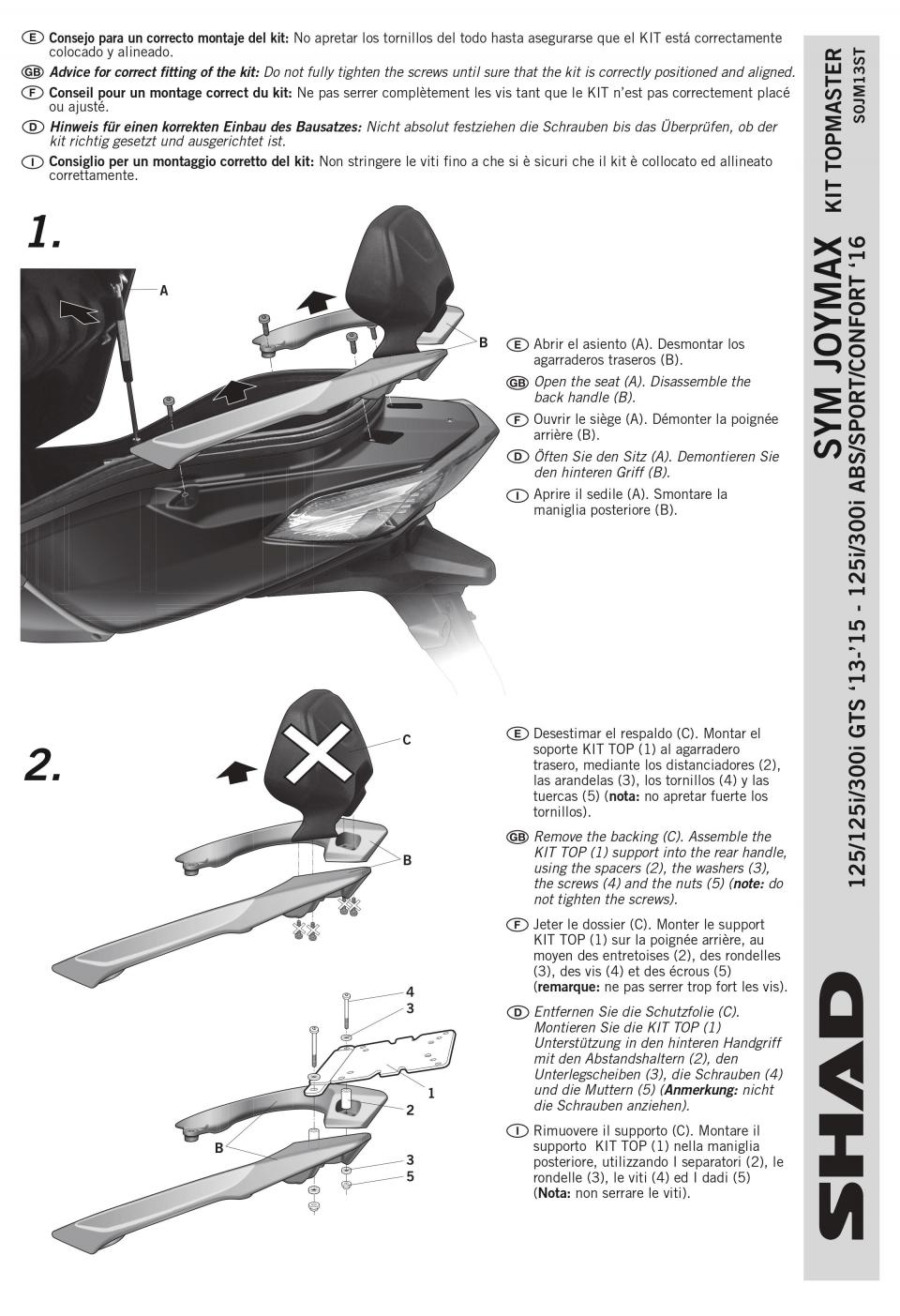 Support de top case Shad pour Scooter Sym 250 Joymax 2013 à 2020 Neuf