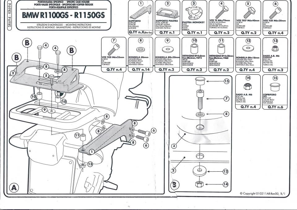 Kit Support de top case GIVI pour moto BMW R 1100 GS 1994 à 1999 SR694 KR694