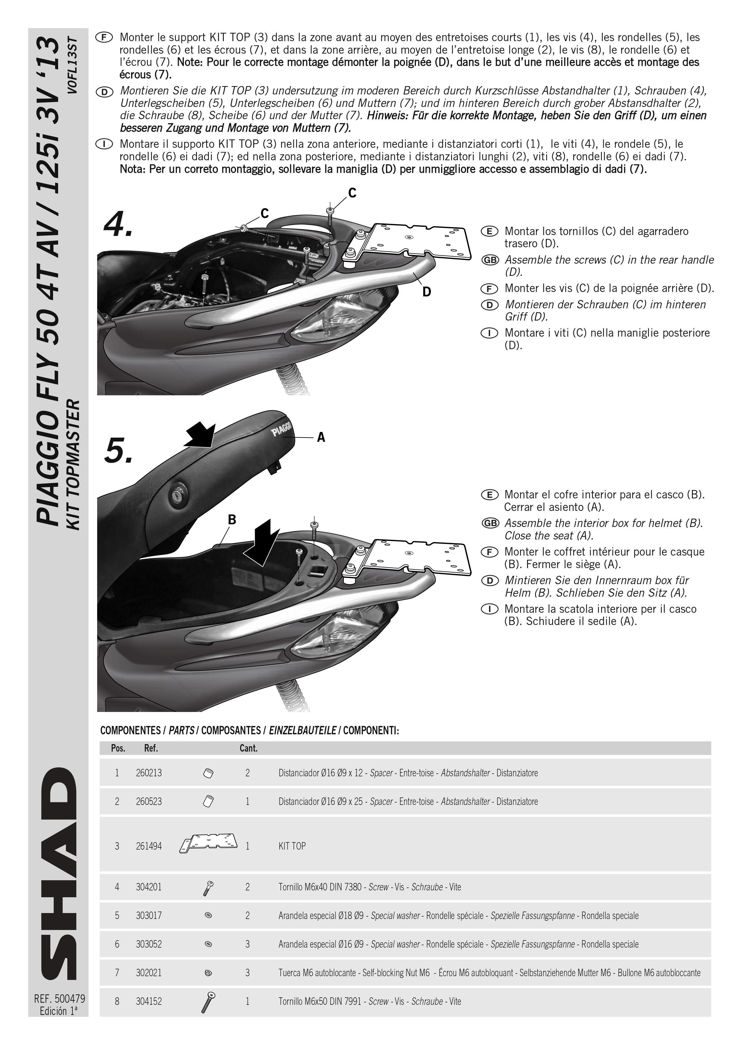 Kit Support fixation de top case Shad pour scooter Piaggio 50 Fly V0FL13ST Neuf