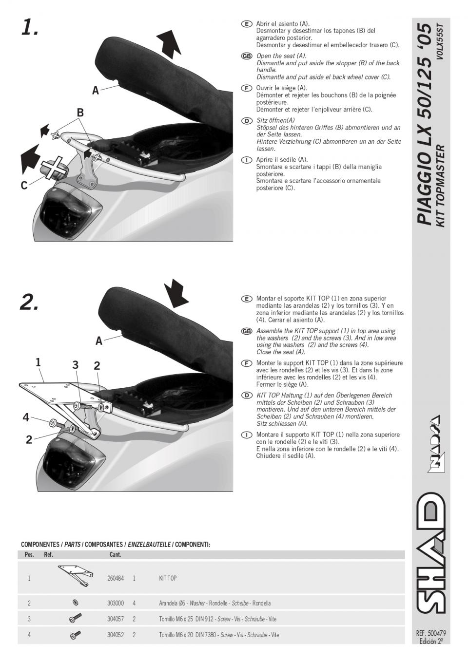 Support de top case Shad pour Scooter Piaggio 125 LX 2005 à 2014 V0LX55ST Neuf