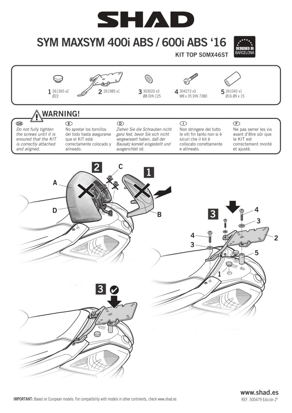 Support de top case Shad pour Scooter Sym 600 Maxsym I Abs 2014 à 2019 Neuf