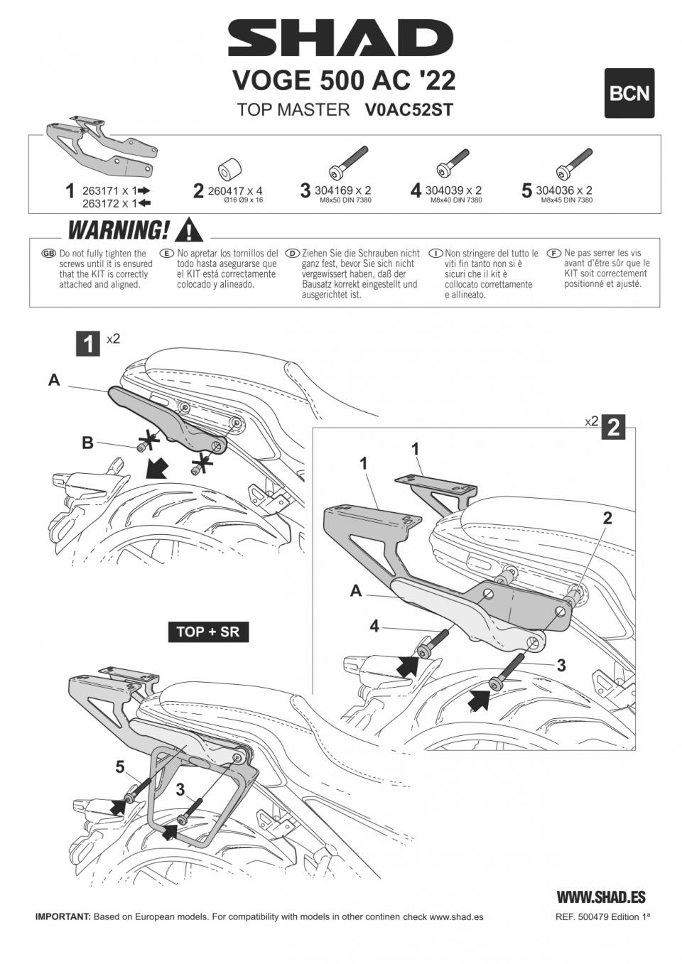 Support de top case Shad pour moto VOGE 500 AC Après 2021 V0AC52ST / TOP MASTER / Kit Neuf