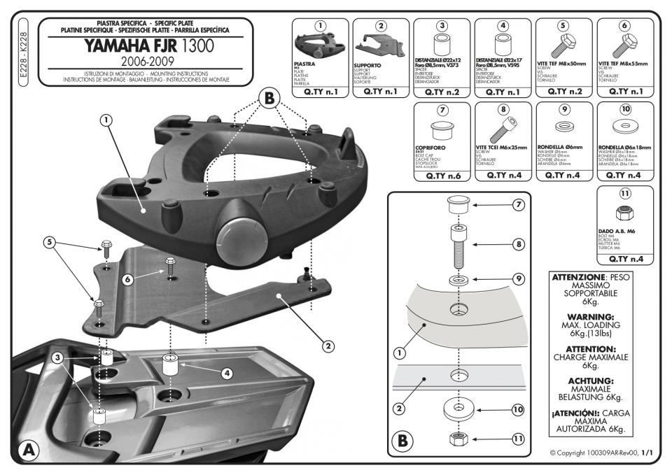 Kit Support de top case GIVI E228 M5 pour moto Yamaha 1300 FJR MONOKEY