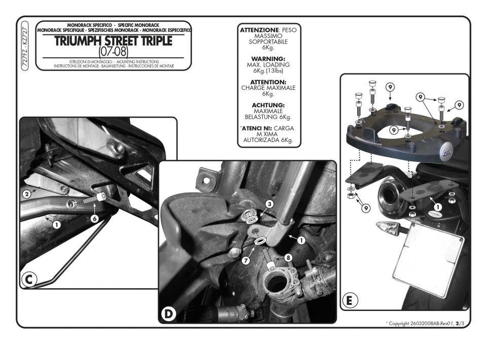 Bras support de top case GIVI 727FZ Monorack pour moto 18324 Neuf
