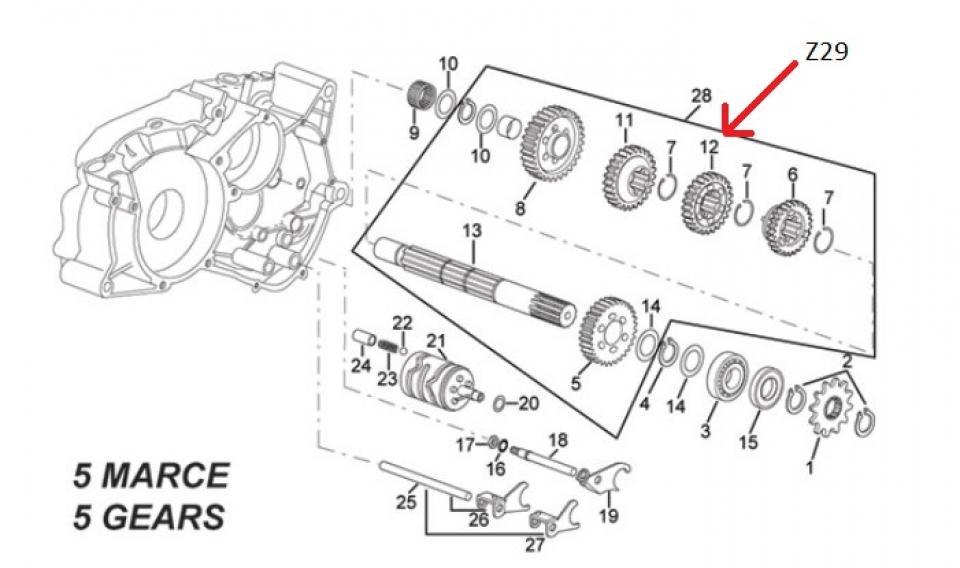 Pignon Z29 boite de vitesse 3A pour moto Aprilia 50 Classic 1992 à 1999 AM5 AP8206444