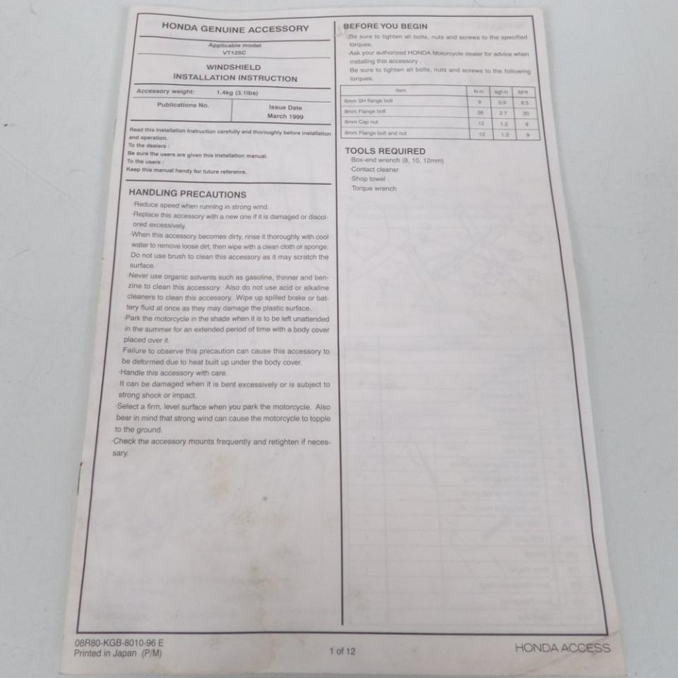 Pare brise origine pour Moto Honda 125 Vt Shadow 1999 08R80-KGB-800 / NF2000U Neuf