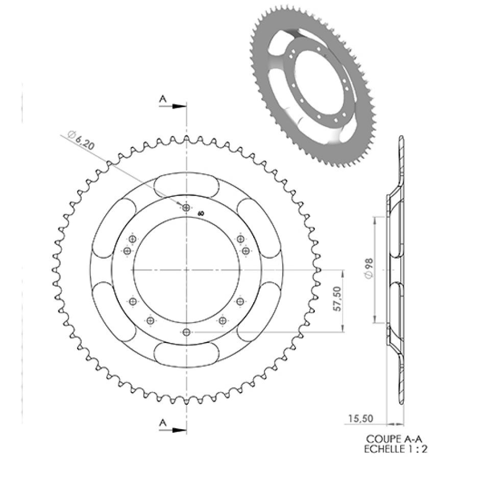 Couronne de transmission Charvin pour Mobylette Peugeot 50 103 60 dts Pas 415 alesage 98mm Neuf