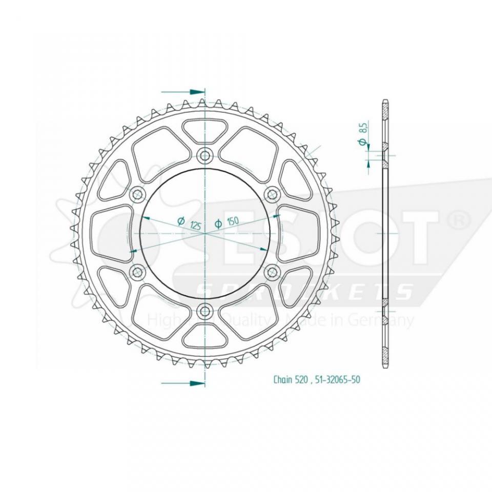 Couronne de transmission Esjot pour Moto KTM 380 Exc / Sx 1998 à 2002 52 dents pas 520 Ø125mm Neuf